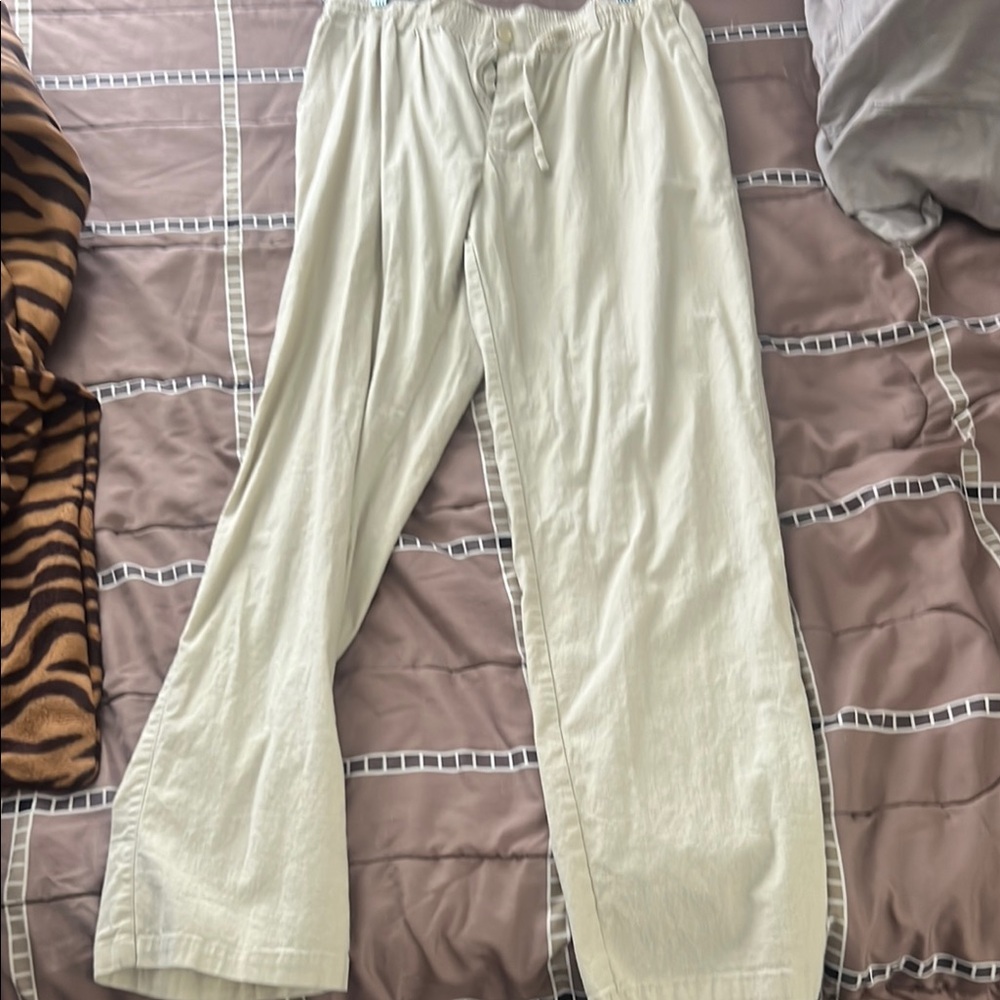Casual Cream Drawstring Linen Pants